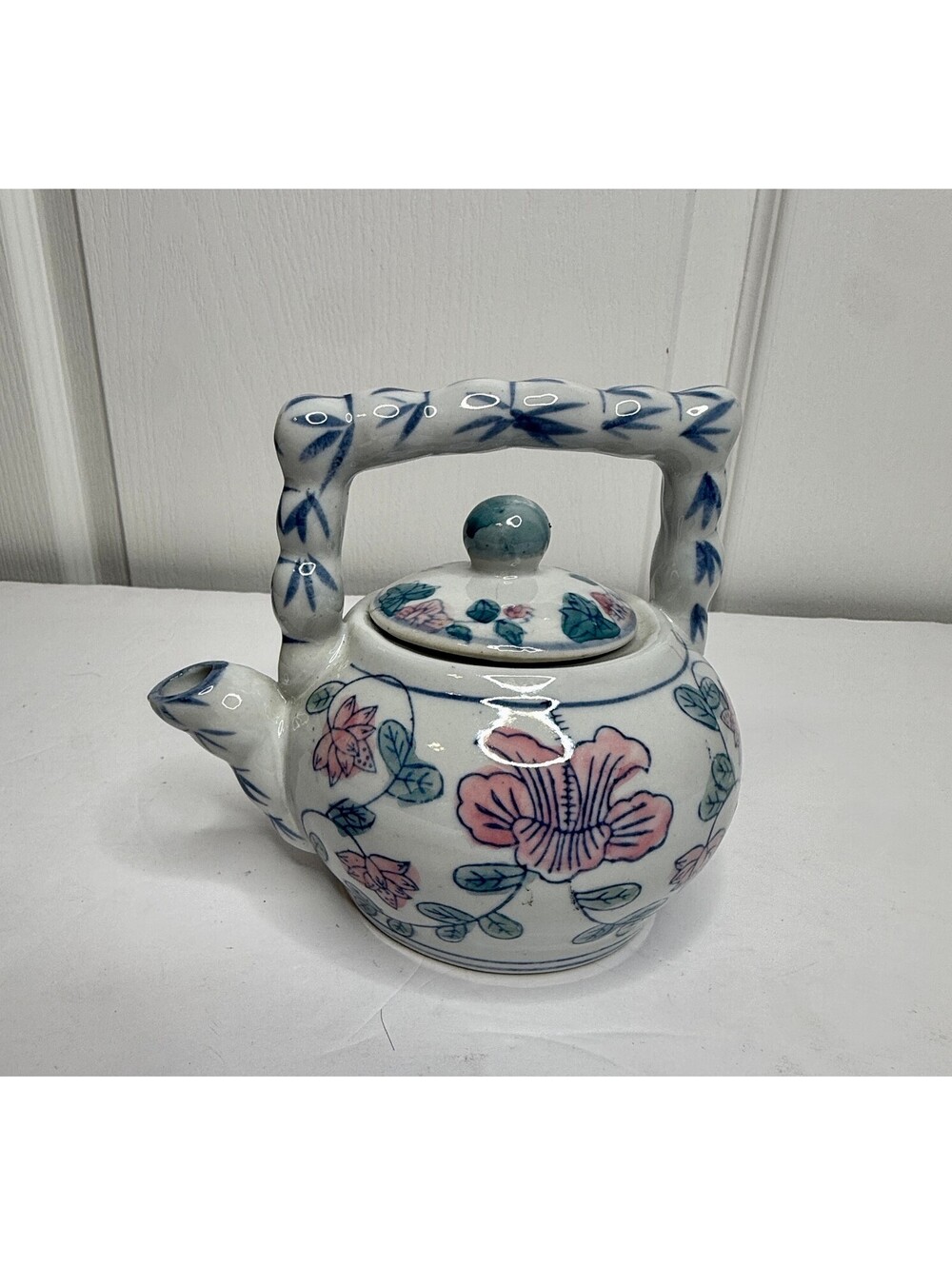 Vintage Asian Style Floral Porcelain Teapot Bamboo Style Handle